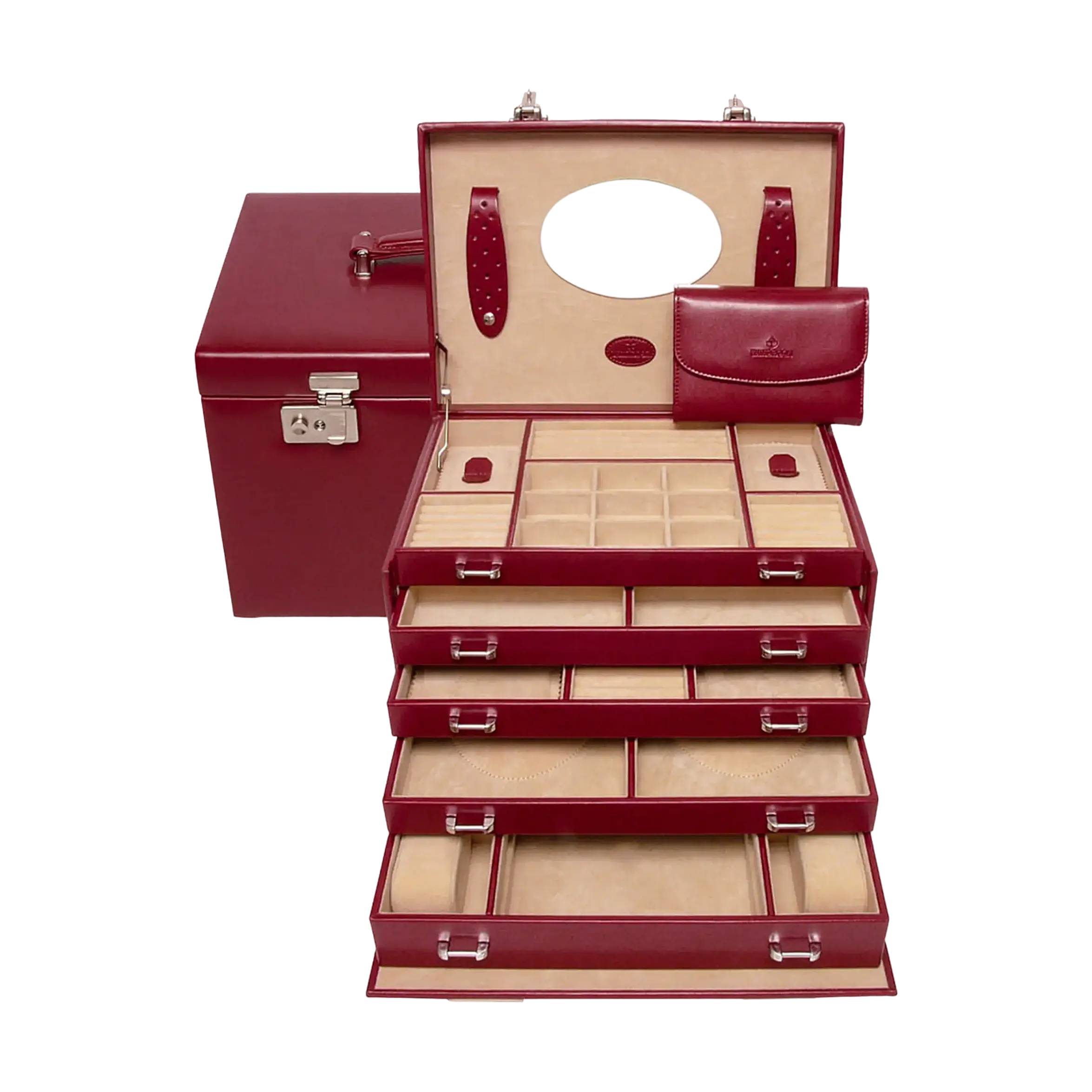 Schmuck-/Uhrenkoffer mit ingerierter Schmucktasche Merino / rot